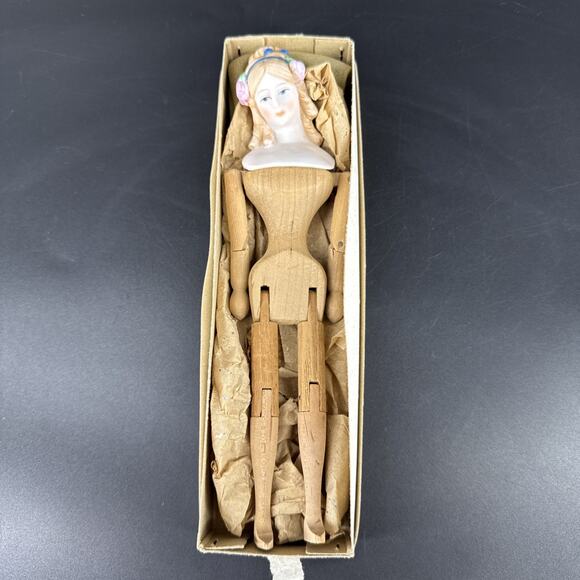 Vtg Shackman Antique Reproduction Bisque Doll w Jointed Wood Arms & Legs in Box - Picture 1 of 13